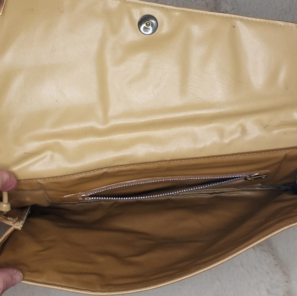 Vintage 80's Asymetric Tan Shoulder Bag With Iconic Built In Lipstick Mirror
